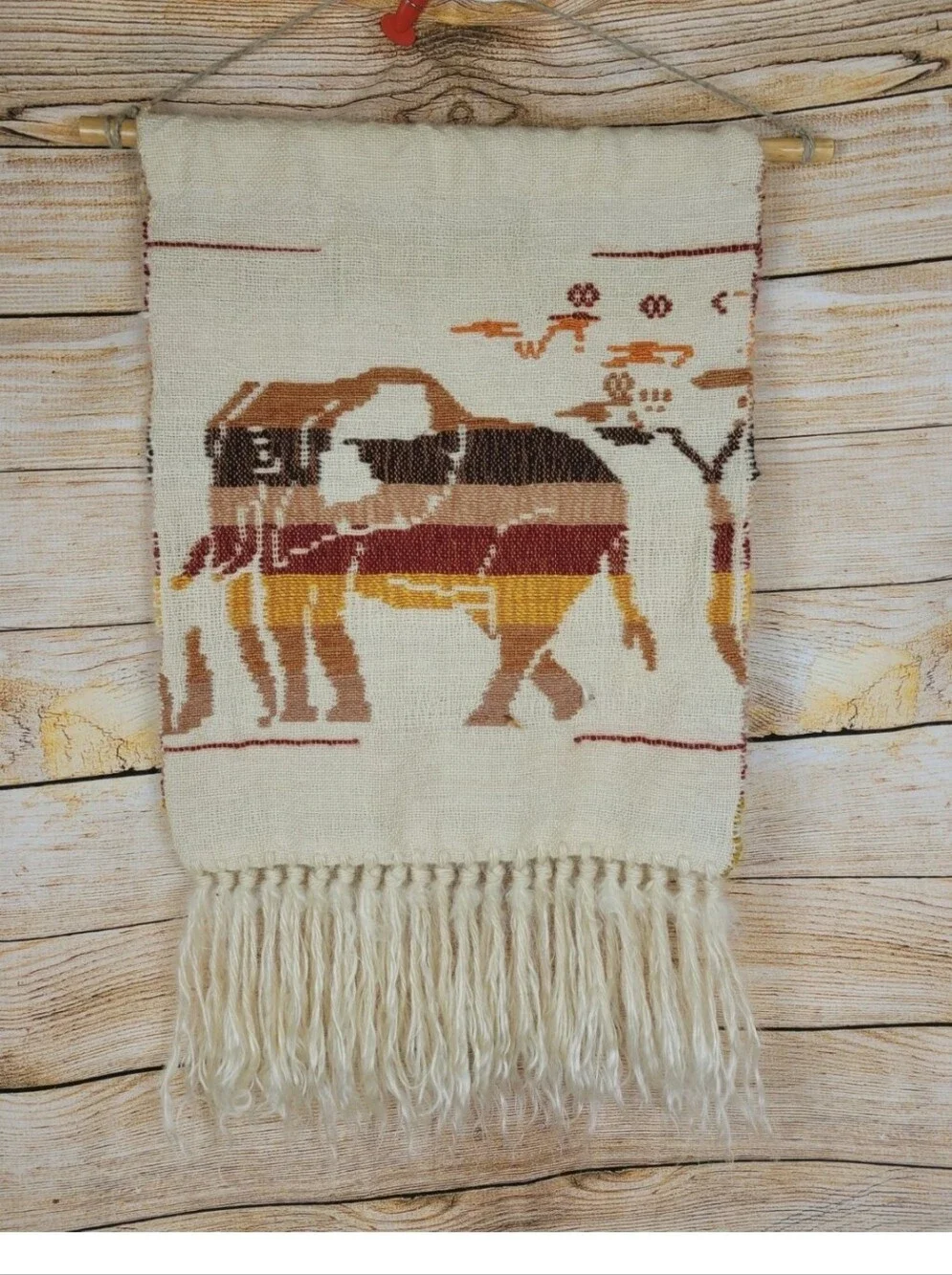 Vintage Mid Century Elephant Woven Reversible Tapestry Wall Hanging